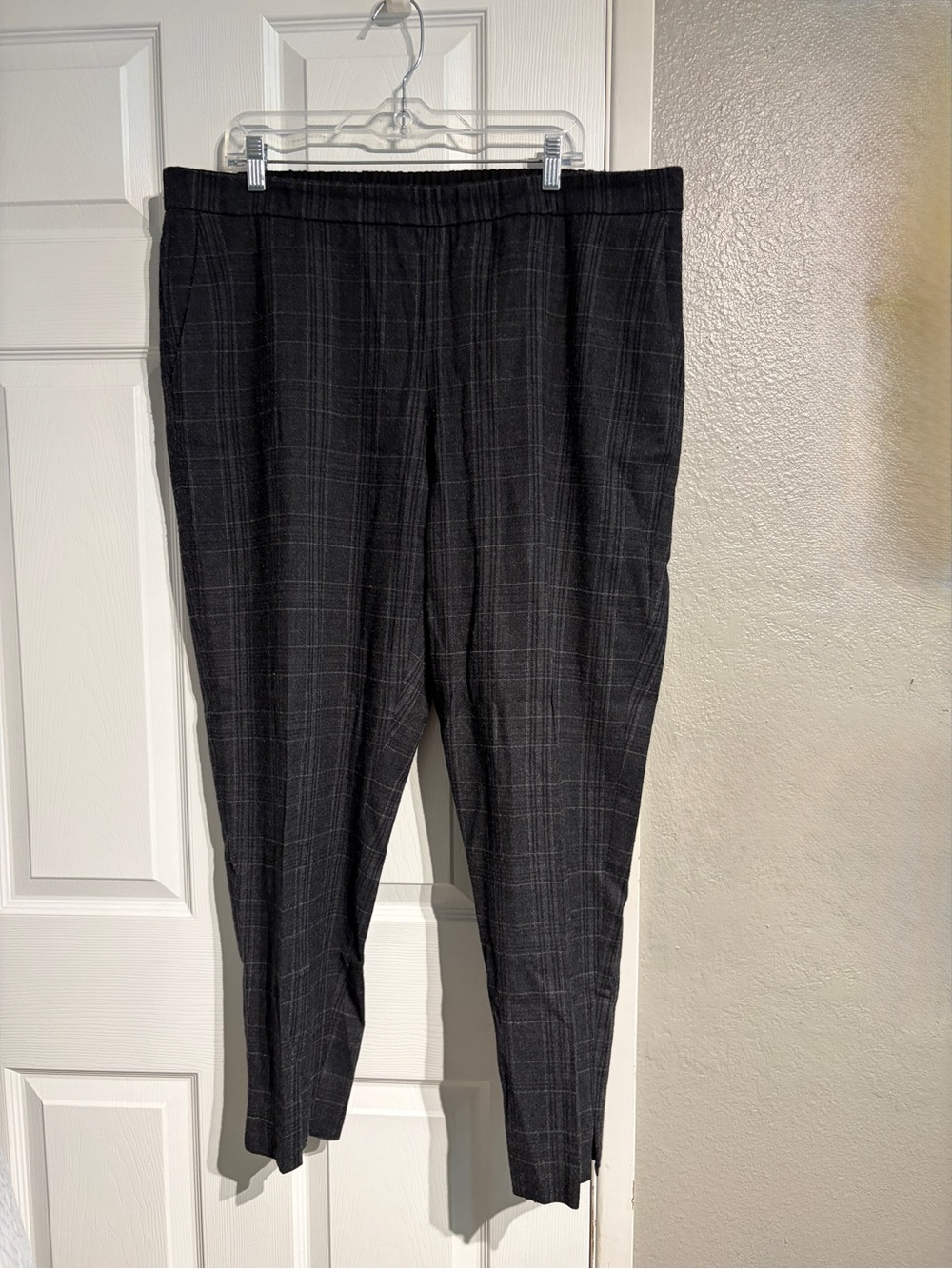 Eileen Fisher Plaid Tapered Leg Wool Ankle Pants Womens XL Black Grey Elastic